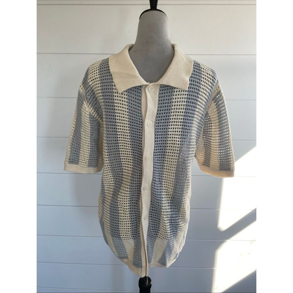 Massive Luxury Shirt Men’s Crochet Knit Button Down Collared New Ivory Beige L - Picture 3 of 13